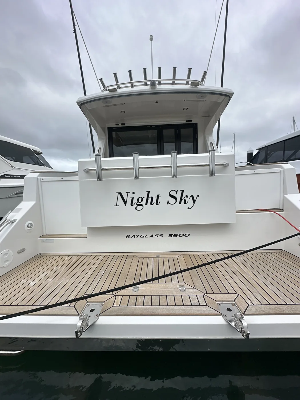 Rayglass 3500 transom and teak swim platform detailed — Hull Yeah Detailing