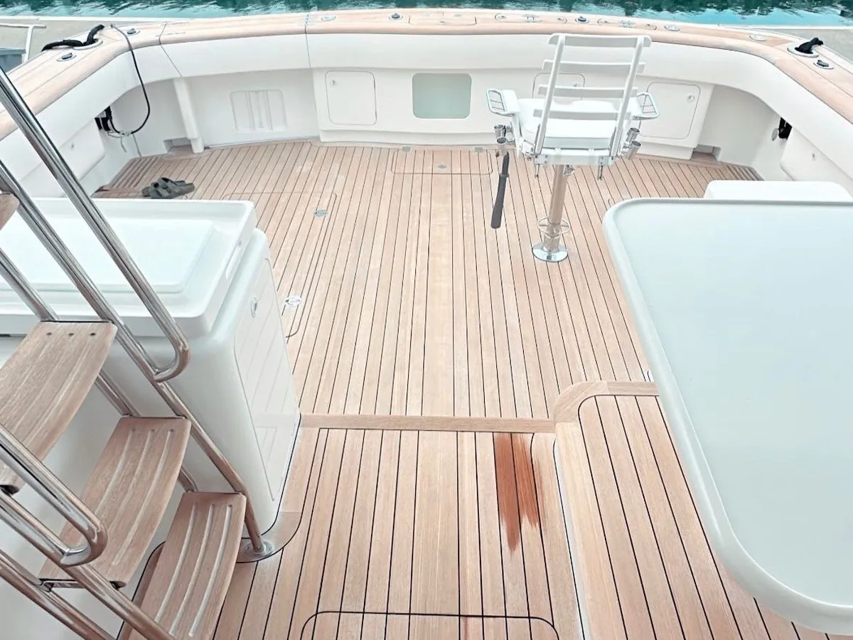 Boat teak deck after a Hull Yeah restoration — brought back to a clean, even finish, Warkworth
