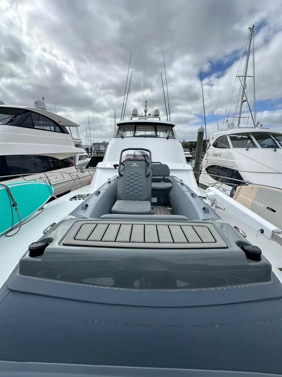 Grey tender in the marina after ceramic coating for UV and salt protection