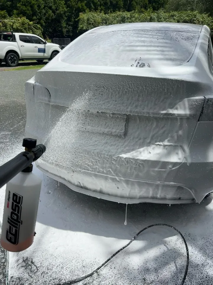 Car covered in snow foam during safe hand wash — mobile detailing Rodney